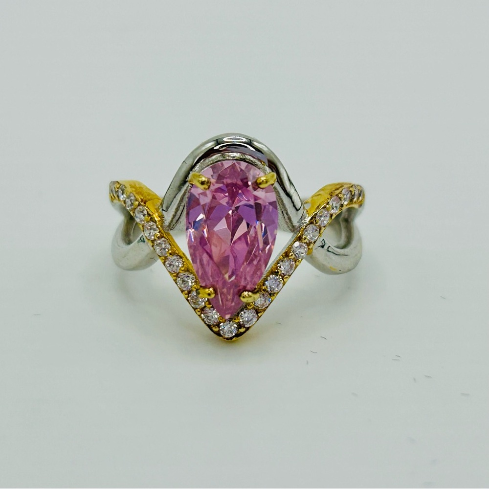 Pear Cut Lab Pink Sapphire Ring | 925 Sterling Silver & Gold Vermeil | Size 7